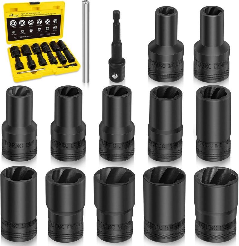 Topec 14PCS Lug Nut Removal Tool, 1/2" Drive Lug Nut Extractor Set, 10-25mm Stripped Lug Nut Remover Socket, Wheel Lock Removal Kit for Damaged, Rusted, Rounded Bolts, Tire Lug Nuts - Image 1